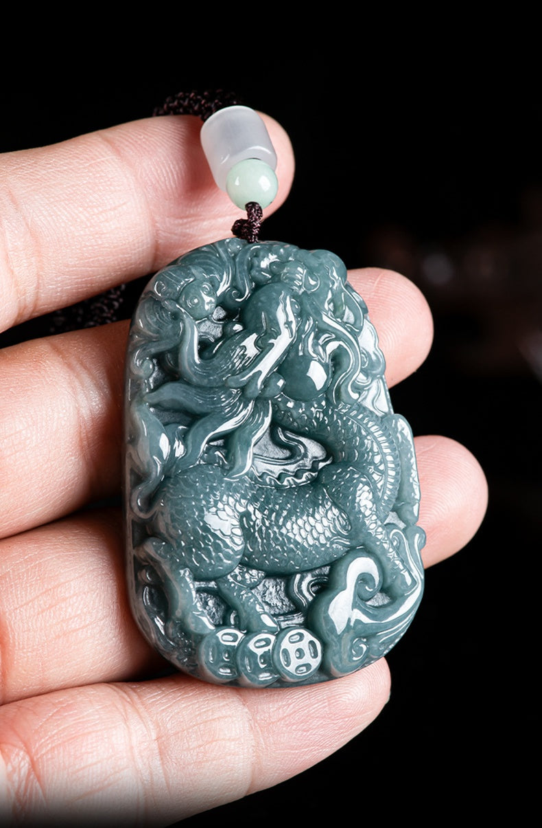 Auspicious Kirin Natural Grade A Blue Jadeite Pendant – Ice Variety Jade Necklace for Men