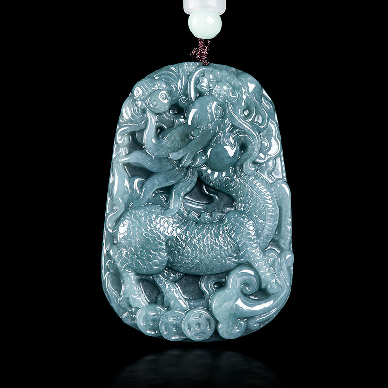 Auspicious Kirin Natural Grade A Blue Jadeite Pendant – Ice Variety Jade Necklace for Men