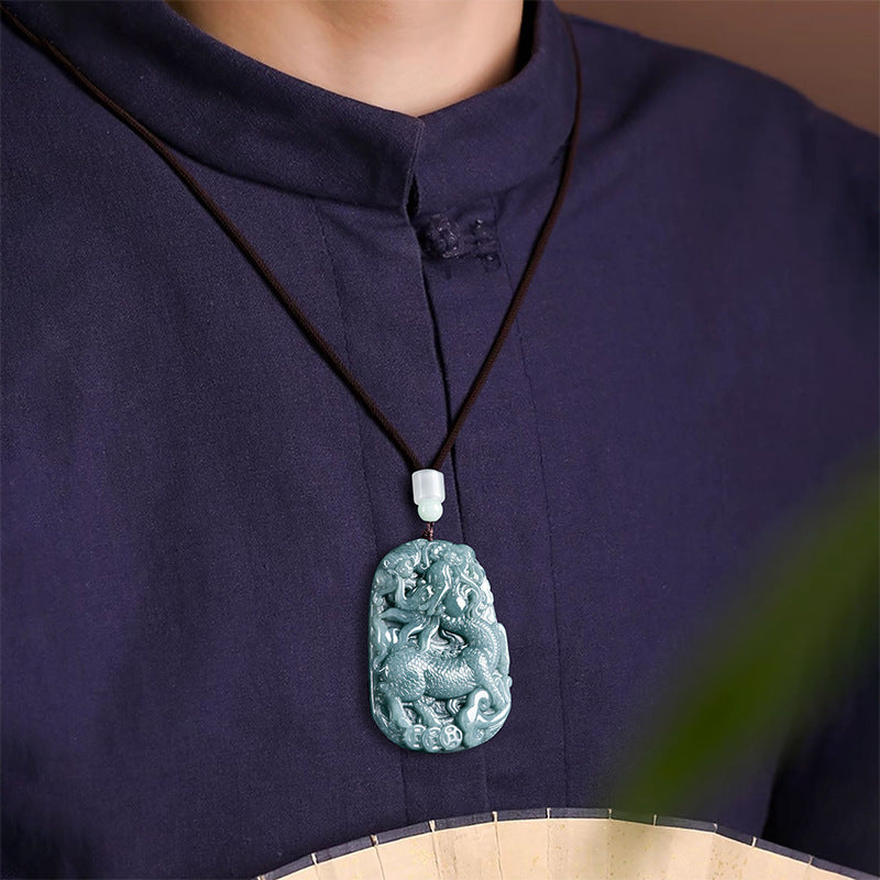 Auspicious Kirin Natural Grade A Blue Jadeite Pendant – Ice Variety Jade Necklace for Men