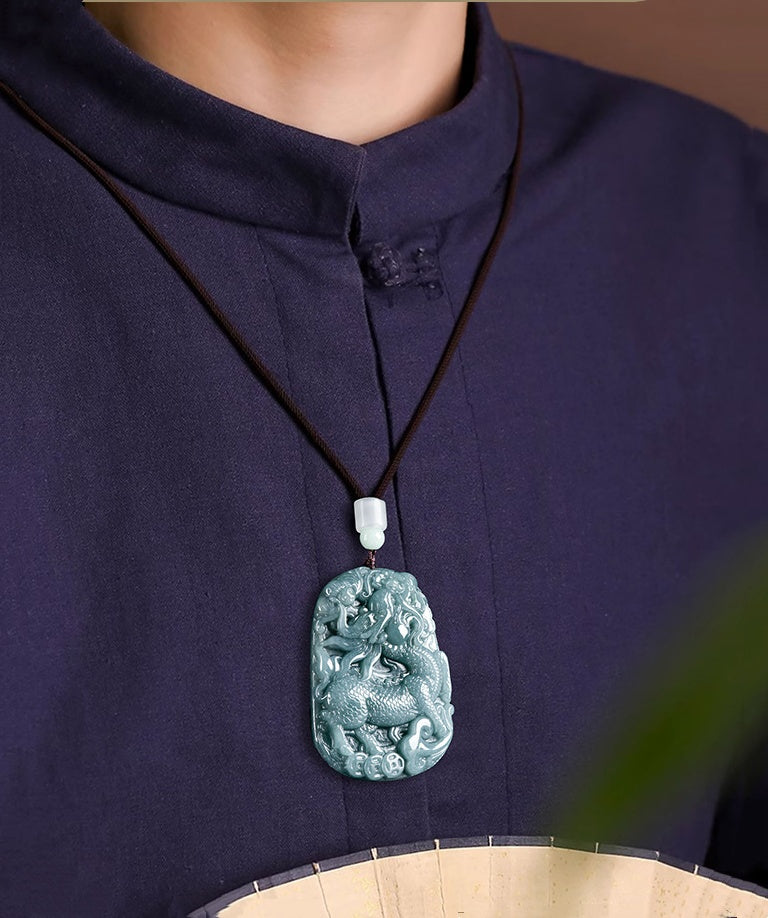 Auspicious Kirin Natural Grade A Blue Jadeite Pendant – Ice Variety Jade Necklace for Men