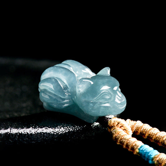 Blue Ice Jade Nine-Tailed Fox Pendant – Elegant Charm for Love & Wisdom