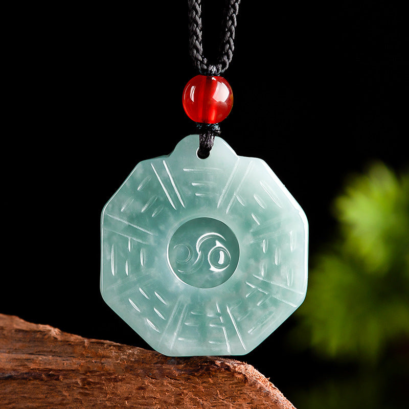 Natural Ice Variety Jade Necklace for Men & Women-Blue Jadeite Taiji Bagua Pendant