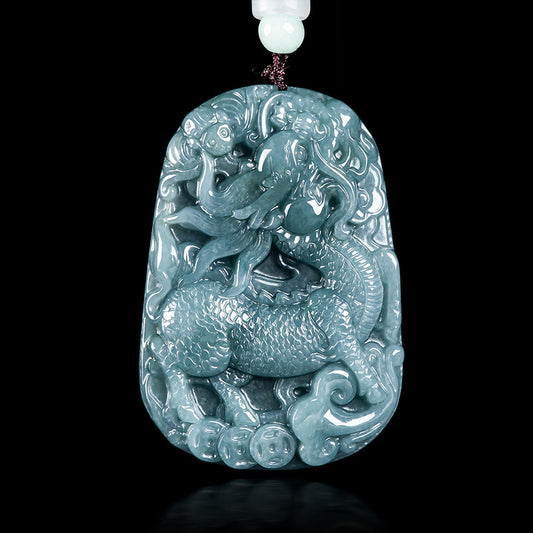 Auspicious Kirin Natural Grade A Blue Jadeite Pendant – Ice Variety Jade Necklace for Men