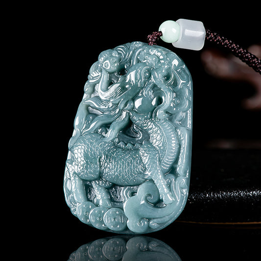 Auspicious Kirin Natural Grade A Blue Jadeite Pendant – Ice Variety Jade Necklace for Men