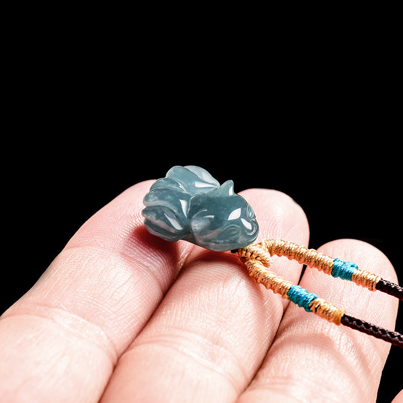 Blue Ice Jade Nine-Tailed Fox Pendant – Elegant Charm for Love & Wisdom