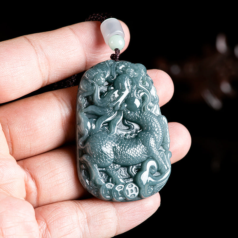 Auspicious Kirin Natural Grade A Blue Jadeite Pendant – Ice Variety Jade Necklace for Men