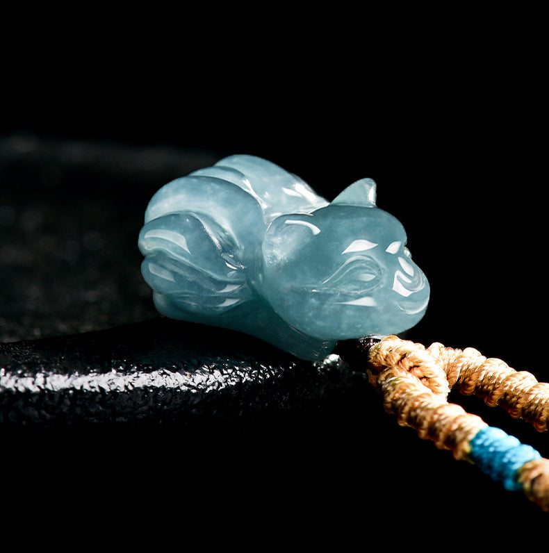 Blue Ice Jade Nine-Tailed Fox Pendant – Elegant Charm for Love & Wisdom
