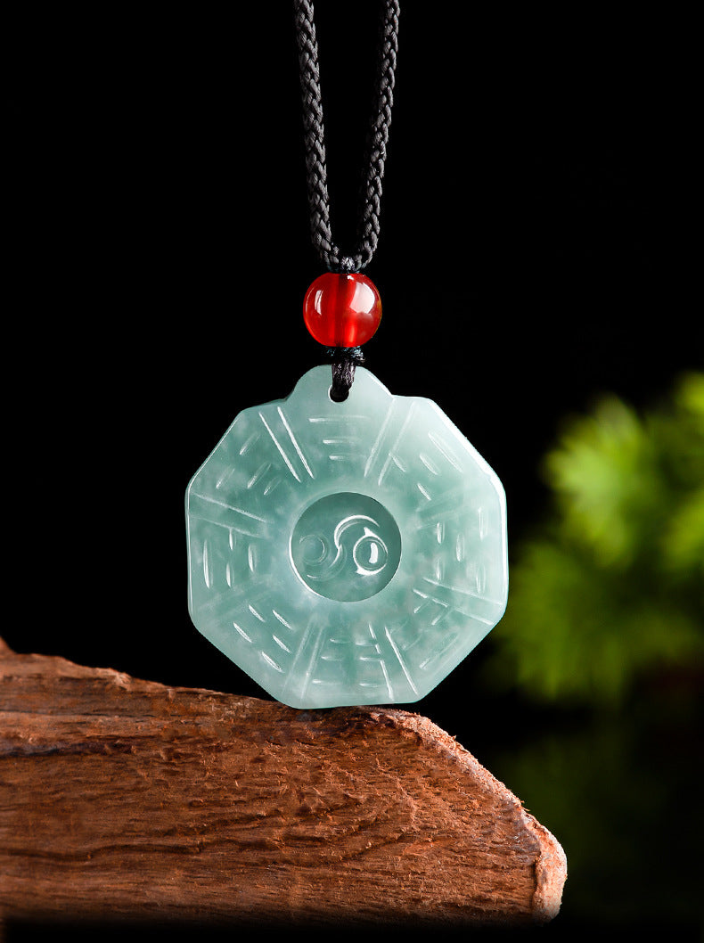 Natural Ice Variety Jade Necklace for Men & Women-Blue Jadeite Taiji Bagua Pendant