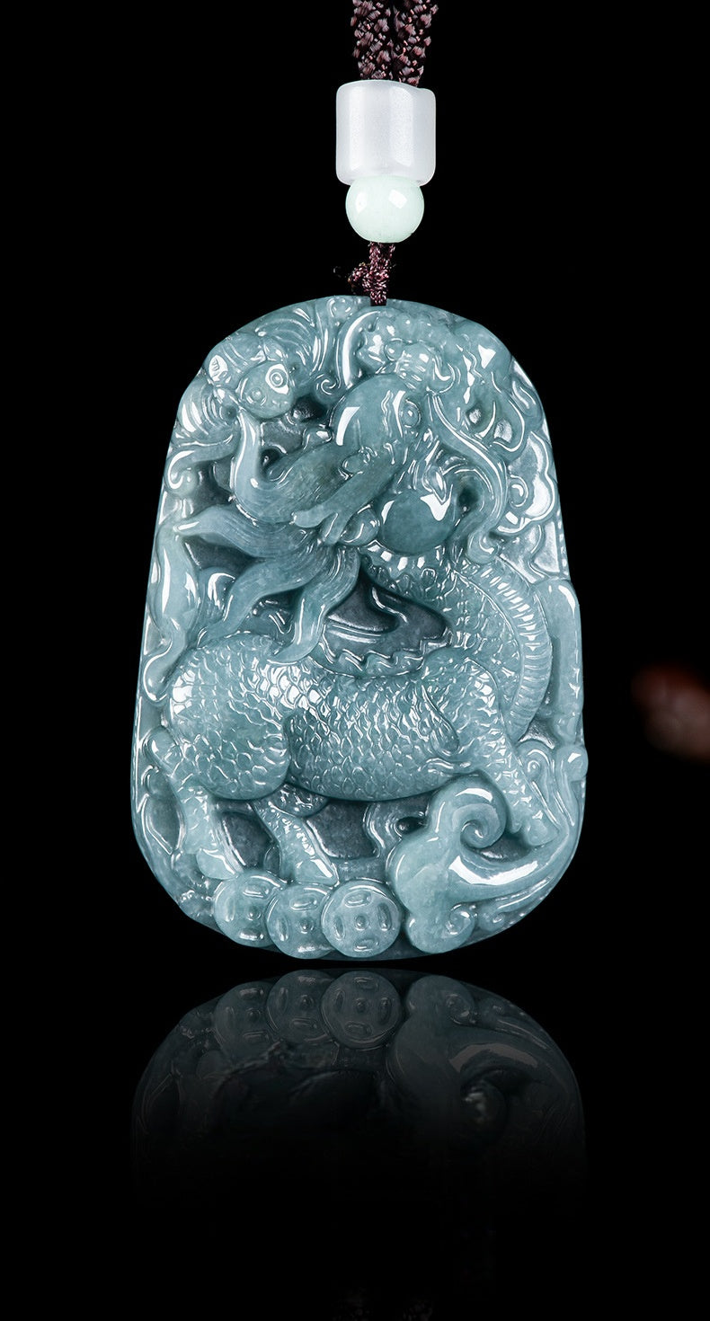 Auspicious Kirin Natural Grade A Blue Jadeite Pendant – Ice Variety Jade Necklace for Men