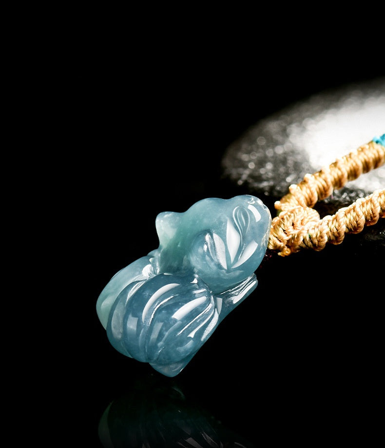 Blue Ice Jade Nine-Tailed Fox Pendant – Elegant Charm for Love & Wisdom