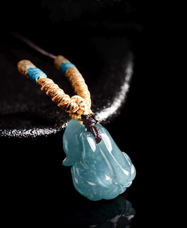 Blue Ice Jade Nine-Tailed Fox Pendant – Elegant Charm for Love & Wisdom