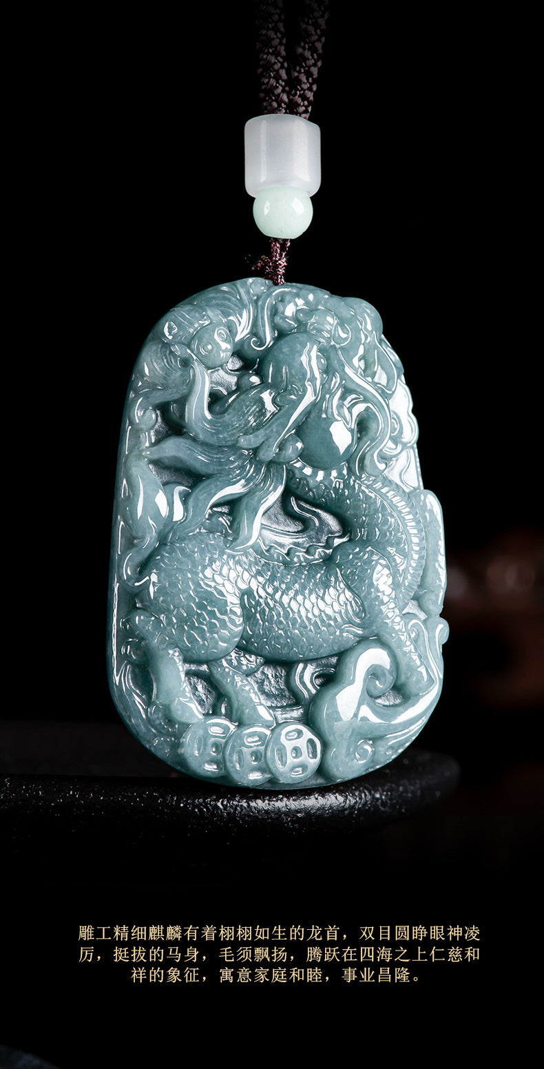 Auspicious Kirin Natural Grade A Blue Jadeite Pendant – Ice Variety Jade Necklace for Men